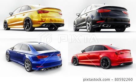 3d illustration. Super fast sports car on a white background. Body shape sedan. Tuning is a version of an ordinary family car. 3d rendering. 3d illustration. Super fast sports car on a white background. Body shape sedan. Tuning is a version of an ordinary family car. 3d rendering. 80592260