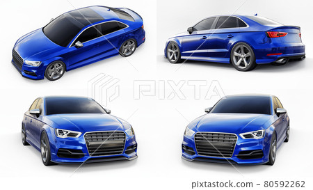 Set of Super fast sports car color blue metallic on a white background. Body shape sedan. Tuning is a version of an ordinary family car. 3d rendering. Set of Super fast sports car color blue metallic on a white background. Body shape sedan. Tuning is a version of an ordinary family car. 3d rendering. 80592262