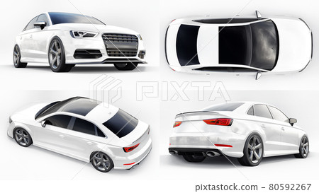 Super fast sports car white color on a white background. Body shape sedan. Tuning is a version of an ordinary family car. 3d rendering. Super fast sports car white color on a white background. Body shape sedan. Tuning is a version of an ordinary family car. 3d rendering. 80592267