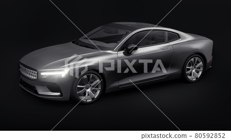 Concept car sports premium coupe. Gray car on black background. Plug-in hybrid. Technologies of eco-friendly transport. 3d rendering. Concept car sports premium coupe. Gray car on black background. Plug-in hybrid. Technologies of eco-friendly transport. 3d rendering. 80592852