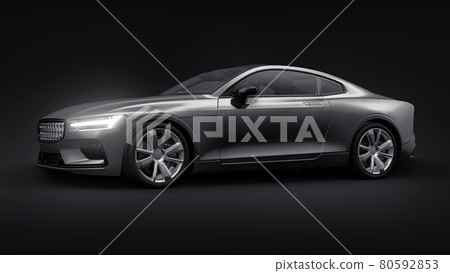 Concept car sports premium coupe. Gray car on black background. Plug-in hybrid. Technologies of eco-friendly transport. 3d rendering. Concept car sports premium coupe. Gray car on black background. Plug-in hybrid. Technologies of eco-friendly transport. 3d rendering. 80592853