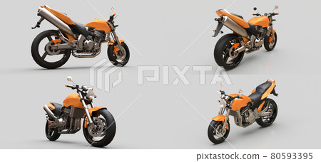3d illustration. Orange urban sport two-seater motorcycle on a gray background. 3d rendering. 3d illustration. Orange urban sport two-seater motorcycle on a gray background. 3d rendering. 80593395