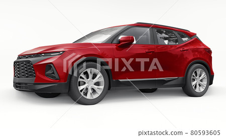 Red ultra-modern SUV with a catchy expressive design for young people and families on a white isolated background. 3d illustration. Red ultra-modern SUV with a catchy expressive design for young people and families on a white isolated background. 3d illustration. 80593605