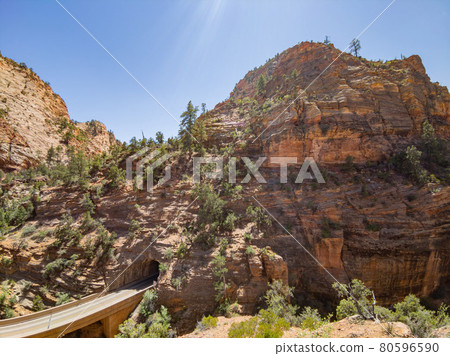 Sunny view of The Zion Mount Carmel Tunnel in Zion Ntaional Park Sunny view of The Zion Mount Carmel Tunnel in Zion Ntaional Park 80596590
