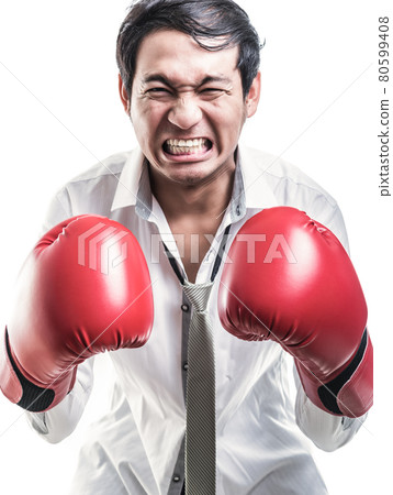 Portrait angry businessman with boxing gloves 80599408