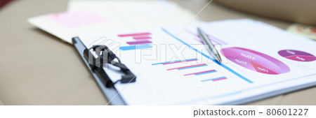 Clipboard with financial and commercial charts lies on sofa with handle 80601227
