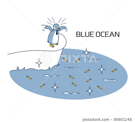 Isometric illustration of a penguin jumping into the blue ocean and trying to catch food 80601248
