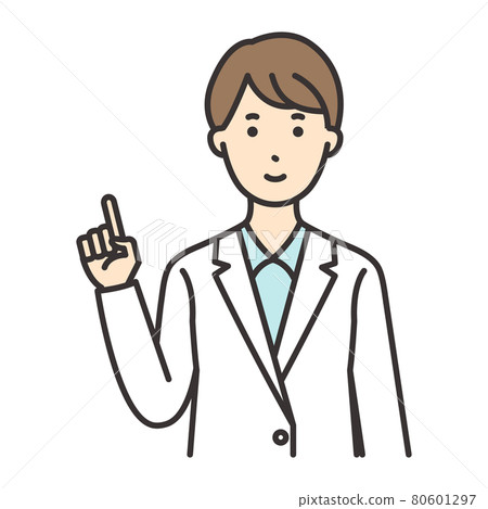 Female researcher pharmacist pose pointing finger 80601297