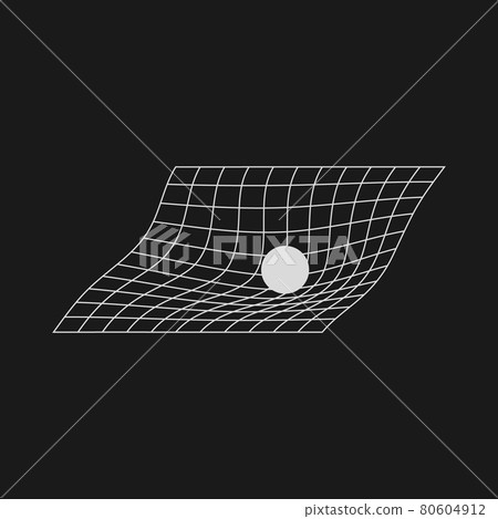 The sphere distorts space. Retrofuturistic design element. Gravity concept. Distorted grid with the sphere in cyberpunk 80s style. Retro design element for poster, cover. Vector 80604912