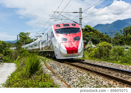 The train is traveling on the tracks in the countryside of Taiwan eastern. 80605071