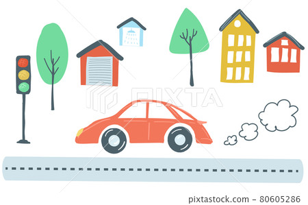 Traffic and house. transportation scenario, red car drives road throw houses and trees. vector illustration doodle cartoon style. Traffic and house. transportation scenario, red car drives road throw houses and trees. vector illustration doodle cartoon style. 80605286
