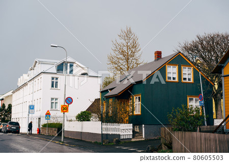 Beautiful houses on the street in Reykjavik, the capital of Iceland. 80605503