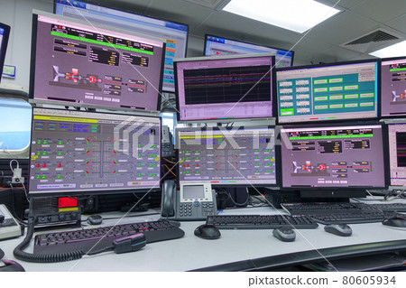 Process control In the System Monitoring Room or control room Work on many monitor. Facility is Full of Screens Showing plant process Process control In the System Monitoring Room or control room Work on many monitor. Facility is Full of Screens Showing plant process 80605934