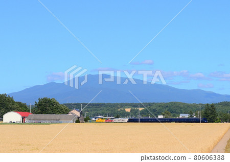 "THE ROYAL EXPRESS" which advances the Semmo Main Line between Mt. Unabetsu and the wheat field toward Shiretoko Shari Station "THE ROYAL EXPRESS" which advances the Semmo Main Line between Mt. Unabetsu and the wheat field toward Shiretoko Shari Station 80606388