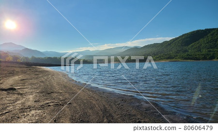 A lake surrounded by sandy beaches and mountains A lake surrounded by sandy beaches and mountains 80606479