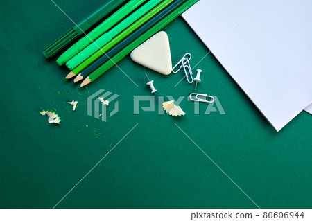 Green Flat lay Back to school concept, School and office supplies on with copy space Green Flat lay Back to school concept, School and office supplies on with copy space 80606944