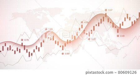 Abstract financial chart with uptrend line graph and world map on black and white color background. Business Candle stick graph chart of stock market investment trading. Vector illustration 80609126