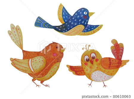 Set of cute decorative birds. Watercolor. Hand drawing isolated on white background. Illustration for gift cards, post cards, greeting cards, t-shirts and Baby cards and designs. 80610063