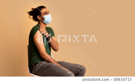 Indian man in face mask got vaccinated, showing shoulder Indian man in face mask got vaccinated, showing shoulder 80610715