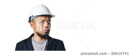 Engineering man wears black suit white hardhat isolated on white background. 80610741