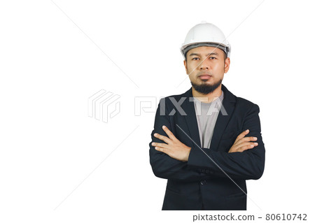 Asian engineering man wears black suit crosse arm white hardhat isolated on white background. 80610742