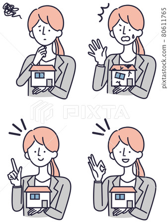 A simple illustration of a woman in a suit thinking about her house A simple illustration of a woman in a suit thinking about her house 80611765