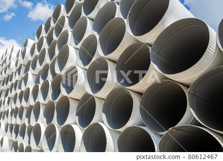 Downpipe warehouse. Steel pipes, parts for the construction of a roof drainage system in a warehouse 80612467