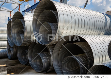 Ventilation pipe warehouse. Steel pipes, parts for the construction of air ducts for an industrial Ventilation pipe warehouse. Steel pipes, parts for the construction of air ducts for an industrial 80612500