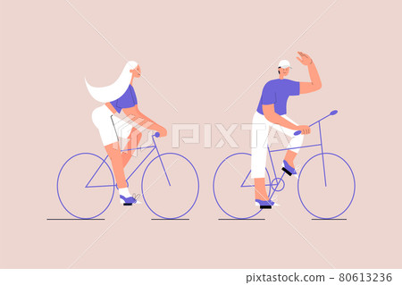A couple rides bicycles. Spending time together. The man waves his hand. Eco-friendly urban transport. Post-quarantine lifestyle. Vector illustration on isolated background. Eps 10 A couple rides bicycles. Spending time together. The man waves his hand. Eco-friendly urban transport. Post-quarantine lifestyle. Vector illustration on isolated background. Eps 10 80613236