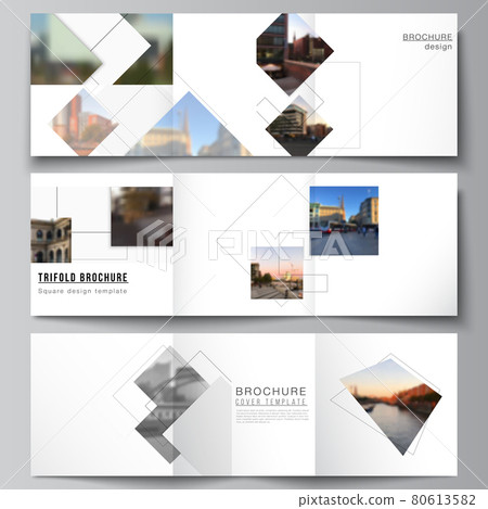 Vector layout of square format covers design templates with geometric simple shapes, lines and photo place for trifold brochure, flyer, magazine, cover design, book, brochure cover. 80613582