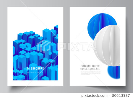 Vector layout of A4 cover mockups templates for brochure, flyer layout, booklet, cover design, book design. 3d render vector composition with dynamic realistic geometric blue shapes in motion. 80613587