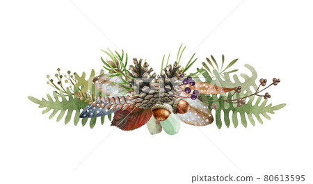 Floral natural forest decor. Watercolor illustration. Woodland element. Hand drawn rustic forest decoration from pine, fern, elder berries, green leaves. Seasonal element on white background 80613595