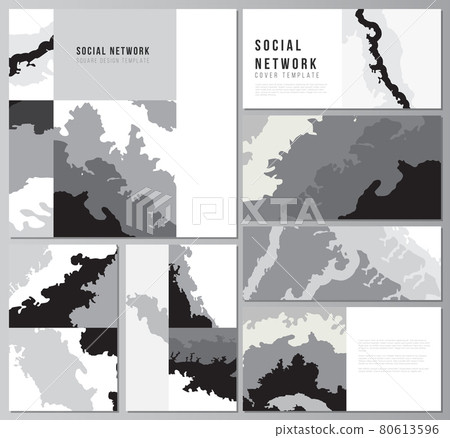 Vector layouts of modern social network mockups in popular formats for cover design, website design, website backgrounds, advertising. Landscape background decoration, halftone pattern grunge texture. 80613596