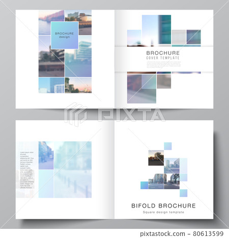 Vector layout of two covers templates for square bifold brochure, flyer, magazine, cover design, book design, brochure cover. Abstract design project in geometric style with blue squares. Vector layout of two covers templates for square bifold brochure, flyer, magazine, cover design, book design, brochure cover. Abstract design project in geometric style with blue squares. 80613599