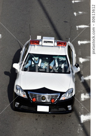 Iwate Prefectural Police black and white police car guarding the Tokyo Olympics 80613612