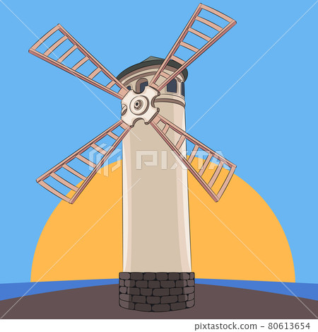 White lighthouse mill on the background of the rising sun. Swinoujscie. White lighthouse mill on the background of the rising sun. Swinoujscie. 80613654