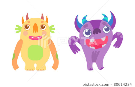 Cute Friendly Little Monsters Set, Funny Adorable Aliens Characters Cartoon Vector Illustration 80614284