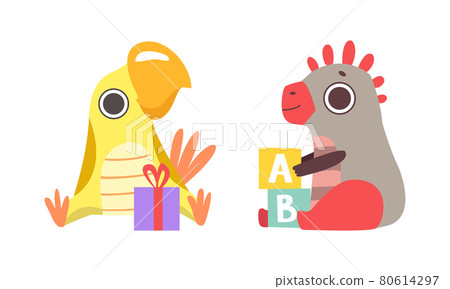Cute Little Dinosaurs Set, Adorable Newborn Dino Babies Playing and Giving Gifts Cartoon Vector Illustration Cute Little Dinosaurs Set, Adorable Newborn Dino Babies Playing and Giving Gifts Cartoon Vector Illustration 80614297