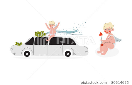 Cute Blond Cupid Boy Sitting on Limousine and Holding Arrow Vector Set 80614655