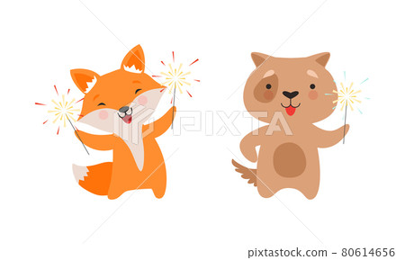 Cute Animal with Fireworks Enjoying Holiday Celebration Vector Set 80614656