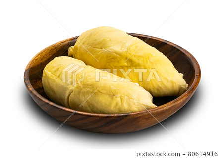 Ripe sweet durian in wooden plate on white background. Ripe sweet durian in wooden plate on white background. 80614916