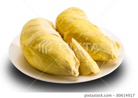 Ripe durian in white ceramic plate on white background. 80614917