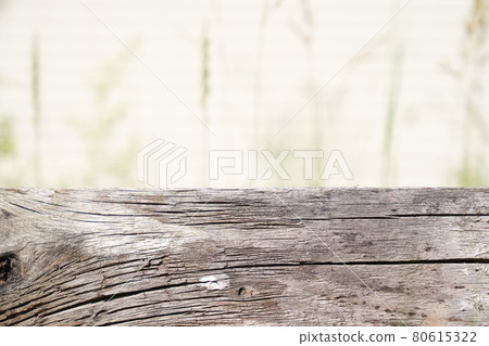 Horizontal template for the layout, banner. Wooden pedestal on a green background. A flat rectangular stand or podium for a natural design concept.  80615322