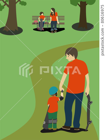 Illustration of parents and children enjoying skateboarding practice in the park (summer version with copy space) Illustration of parents and children enjoying skateboarding practice in the park (summer version with copy space) 80616975
