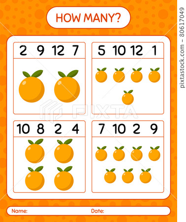 How many counting game with orange worksheet for preschool kids, kids activity sheet, printable worksheet 80617049
