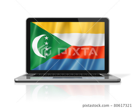 Comorian flag on laptop screen isolated on white. 3D illustration Comorian flag on laptop screen isolated on white. 3D illustration 80617321