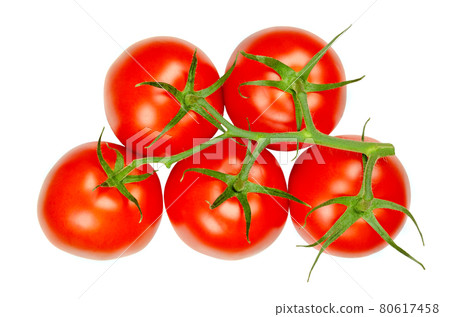 Panicle tomatoes from above, isolated over white. Fresh, ripe, red and raw fruits of Solanum lycopersicum, a rich source of umami flavor. Berries, commonly used as a vegetable ingredient or side dish. Panicle tomatoes from above, isolated over white. Fresh, ripe, red and raw fruits of Solanum lycopersicum, a rich source of umami flavor. Berries, commonly used as a vegetable ingredient or side dish. 80617458