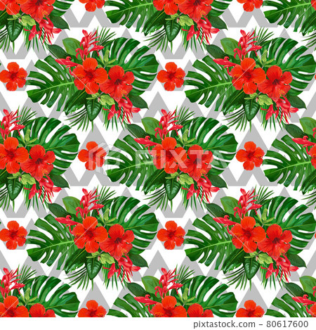 Tropical seamless pattern with red flowers of hibiscuses for wallpaper design Tropical seamless pattern with red flowers of hibiscuses for wallpaper design 80617600