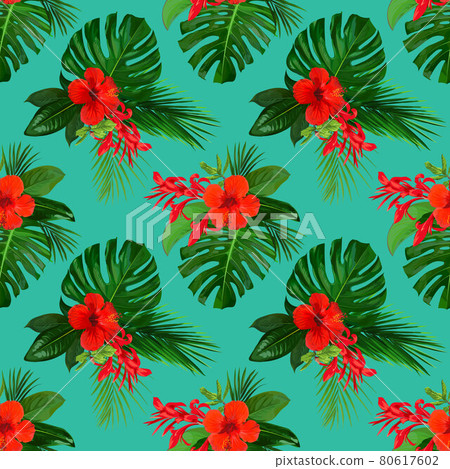 Tropical seamless pattern with red flowers of hibiscuses for wallpaper design 80617602