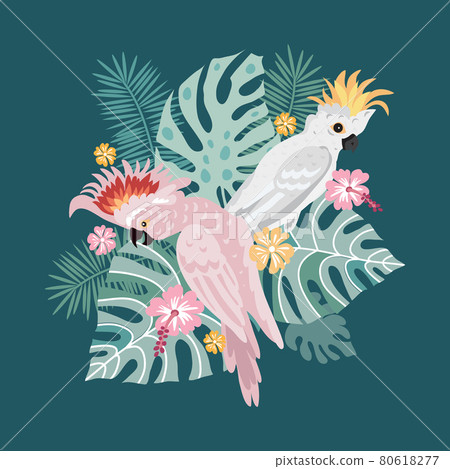 Beautiful exotic tropical parrot bird with tropical flowers, Beautiful exotic tropical parrot bird with tropical flowers, 80618277